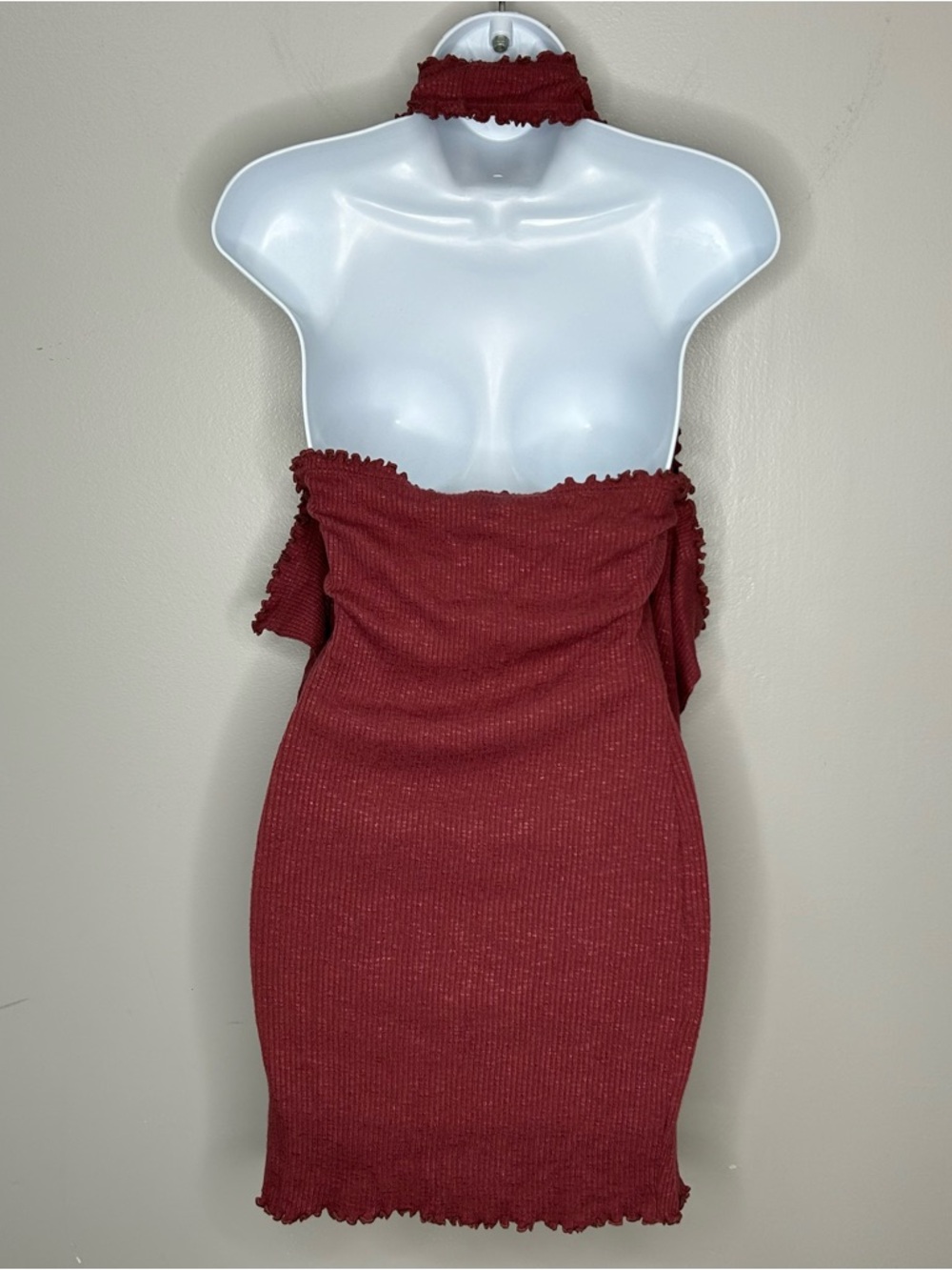 Fashion Nova Ribbed Cold-Shoulder Mock Neck Burgundy Dress Size L - Picture 2 of 9